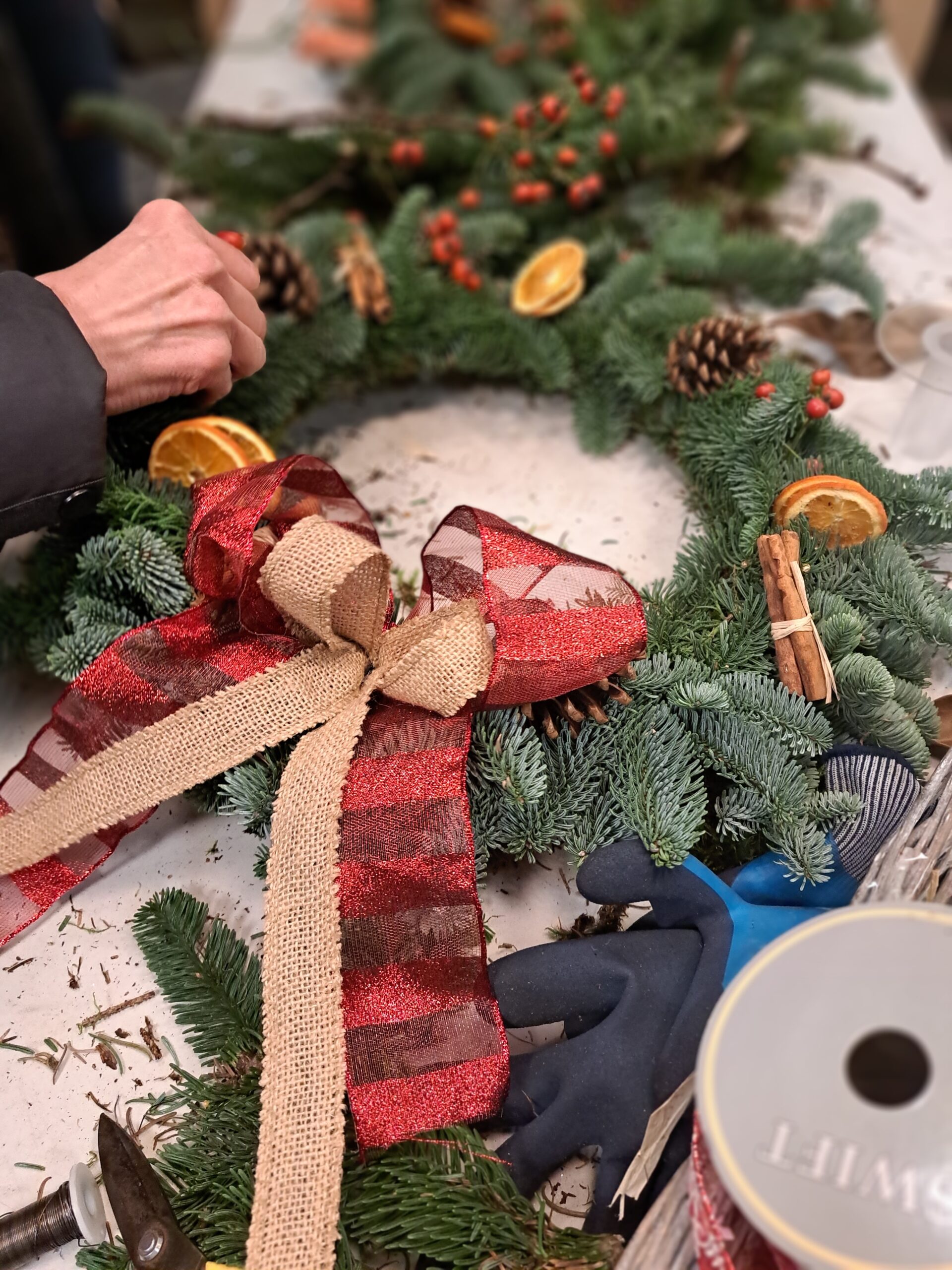 A christmas wreath being made, with blue spruce foliage forming the ring of the wreath, and a giant bow made up of red ribbon and jute twine. There are orange slices tied on to the wreath with red berries and pinecones, and lots of leaves and tools around the table.